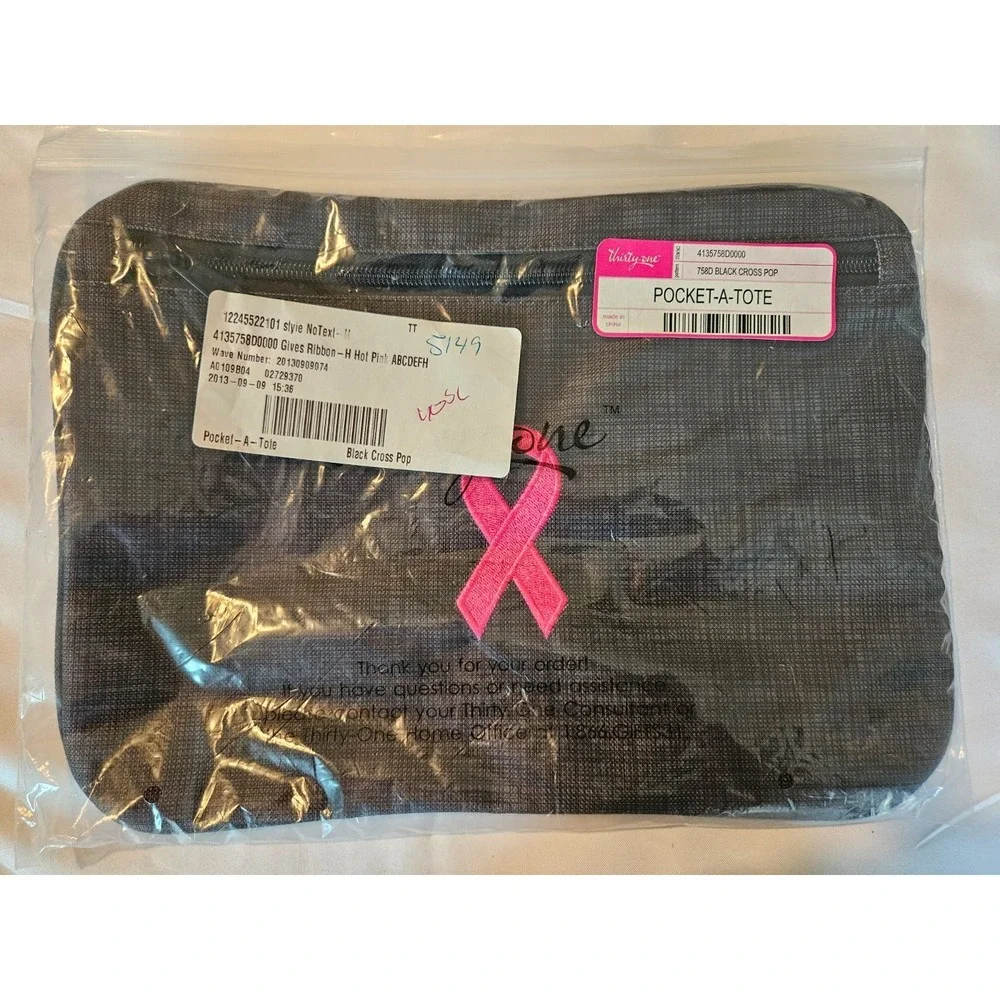 Thirty-One Pocket-A-Tote - Black Cross‎ Pop - NEW -Breast Cancer Pink Ribbon